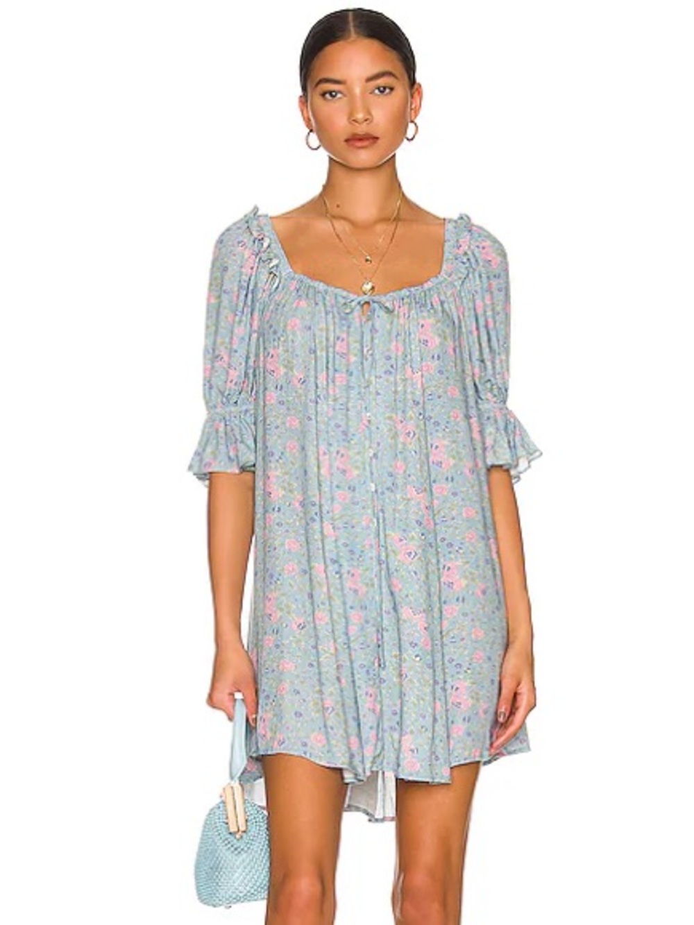 SPELL Dolly Button Front Mini Dress Dusty Blue Medium M